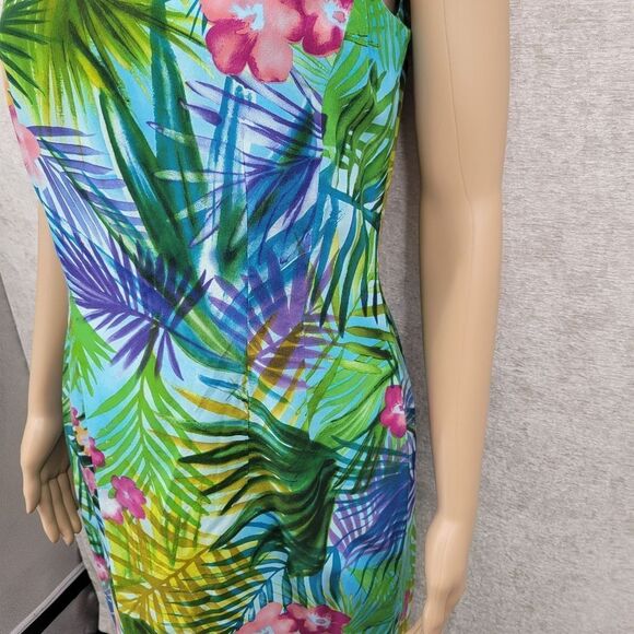 Maggy London Silk Blue Green Tropical Print Sleeveless Midi Sheath Dress Y2K - Picture 4 of 10